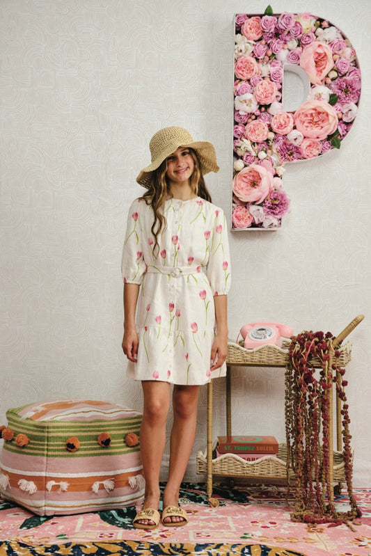 PORTER WHITE LINEN W/ PINK TULIP DESIGN DRESS