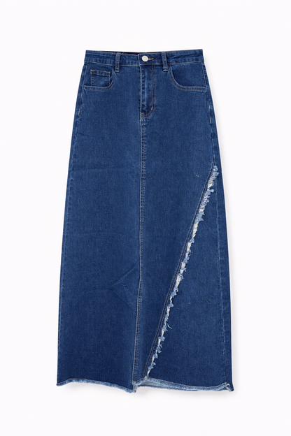 SIDE FRAYED DENIM SKIRT