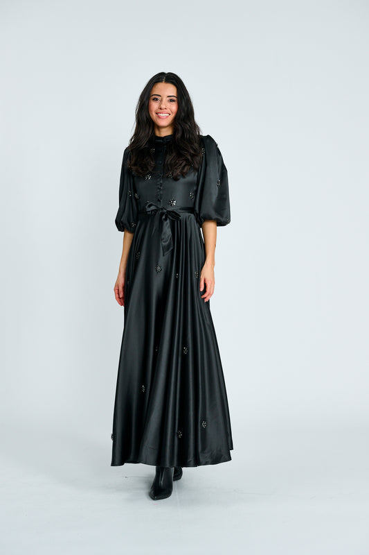 BLACK SATIN BELTED GROWN WITH JEWELED TRIM