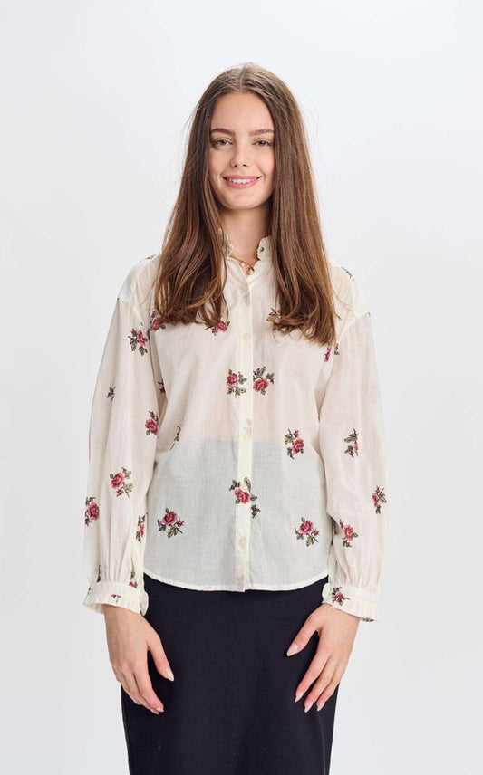 IVORY BUTTON DOWN TOP WITH ROSE PRINT