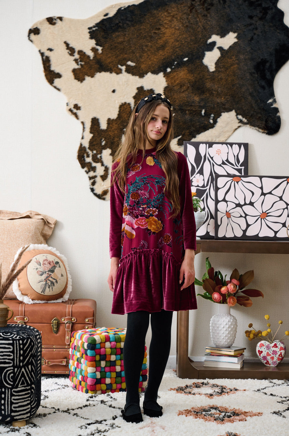 MAROON VELVET FLORAL DRESS