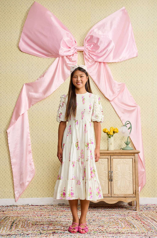 FLORAL PRINTED DRESS WITH SHIRRED BODICE AND RUFFLED SLEEVES