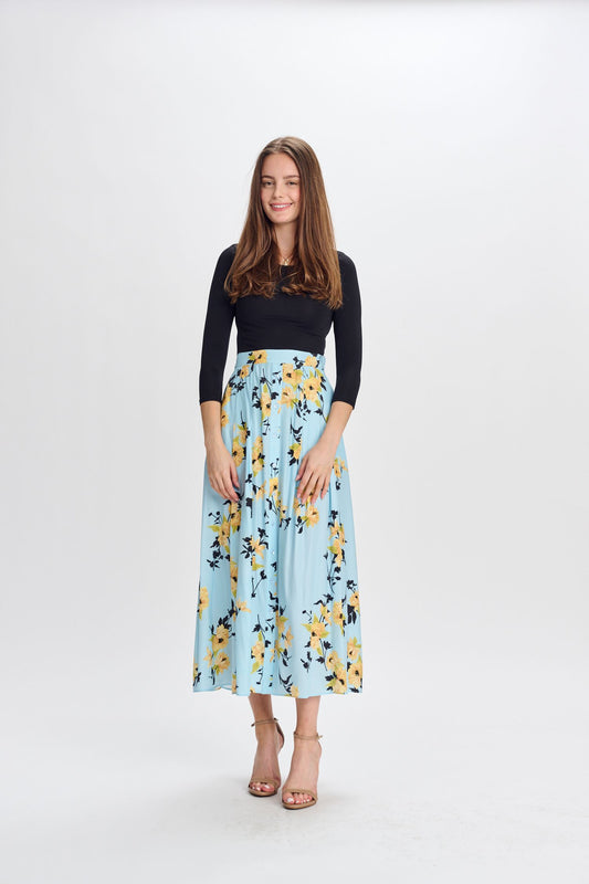 SKY BLUE W/ YELLOW FLORAL PRINT SKIRT