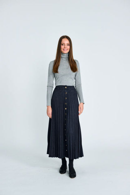 BUTTON DOWN SUEDE PLEATED SKIRT