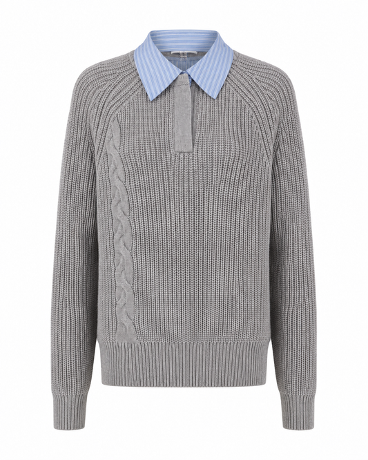 CABLE KNIT STRIPE COLLAR SWEATER