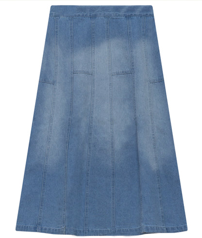 DENIM WASH FLARE LONG SKIRT