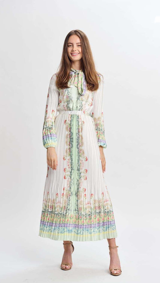 WHITE SATEEN W/ LIGHT FLORAL PRINT PLEATED DRESS