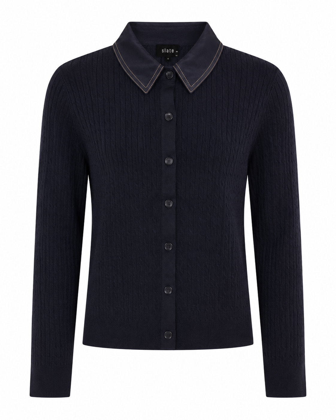 CABLE KNIT CONTRAST FABRIC CARDIGAN