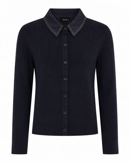 CABLE KNIT CONTRAST FABRIC CARDIGAN