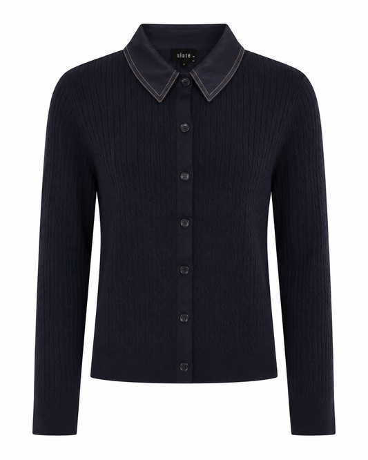 CABLE KNIT CONTRAST FABRIC CARDIGAN