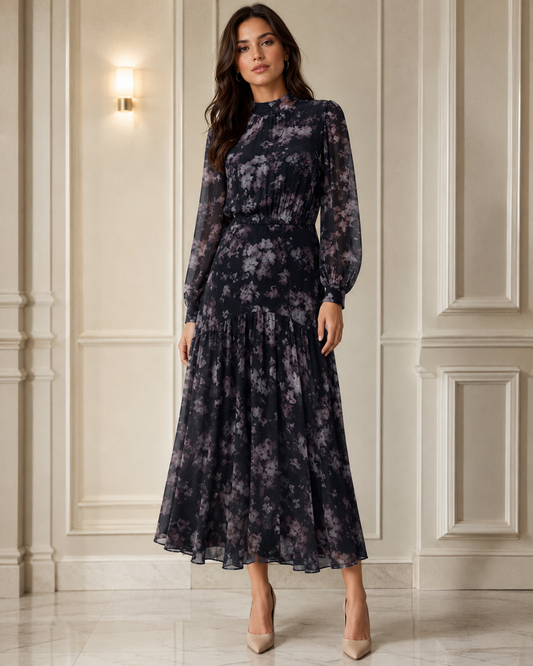 TIERED ROUNDED SEAM FLORAL DRESS
