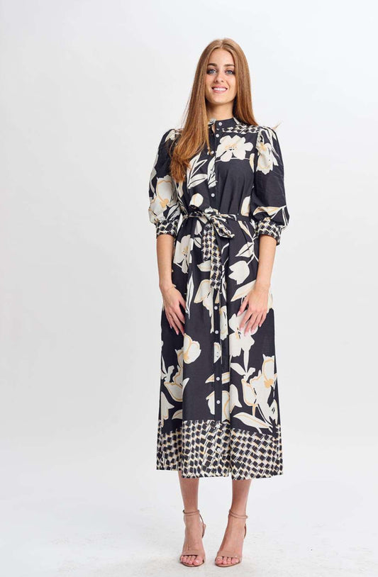 BLACK COTTON W/ WHITE FLORAL AND SQUARE PRINT DRESS