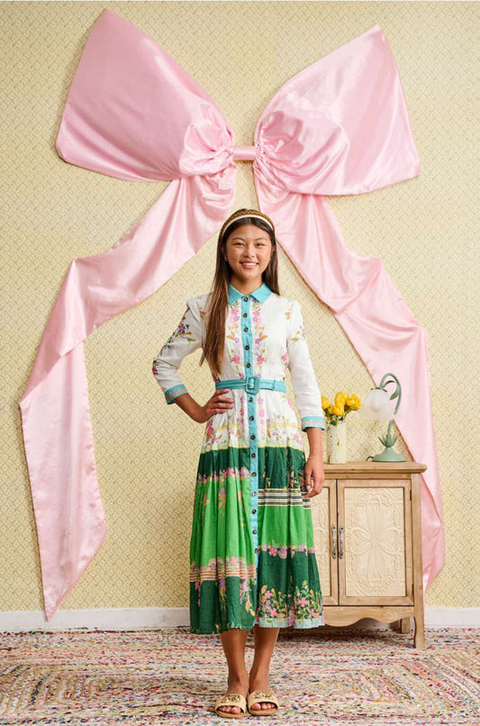 PRINTED BELTED BUTTON-DOWN DRESS WITH PLEATED SKIRT