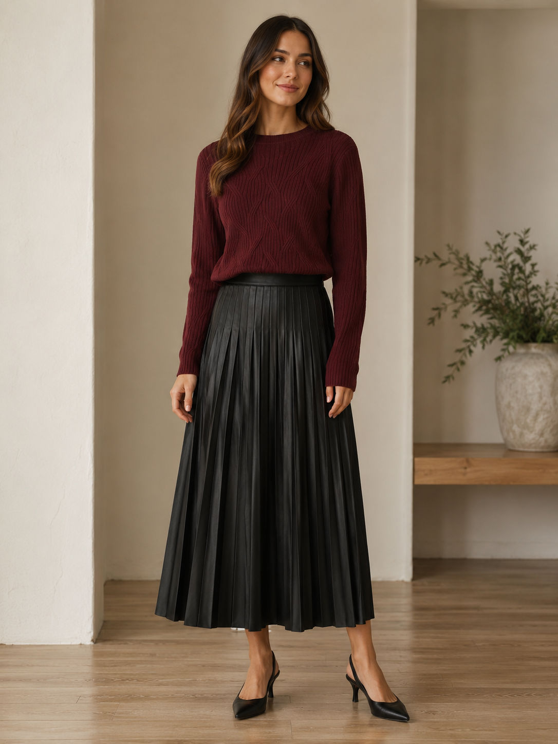 RIB DESIGN KNIT MOCK NECK TOP