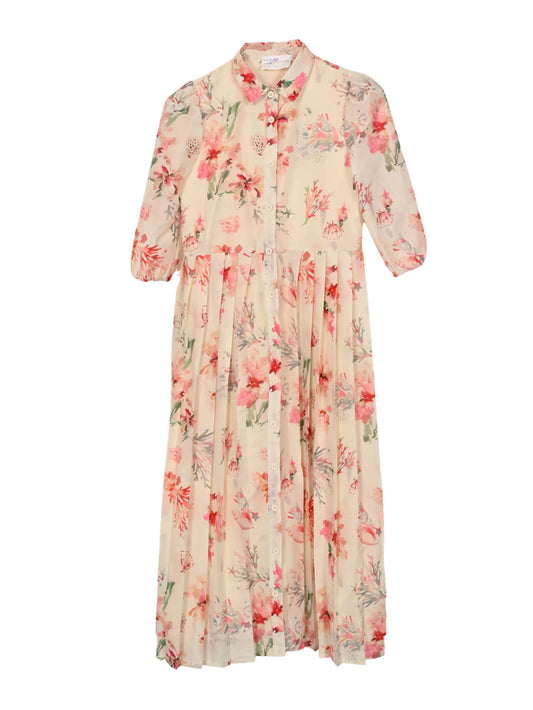 SEA FLORAL GATHERED SLEEVE DRESS