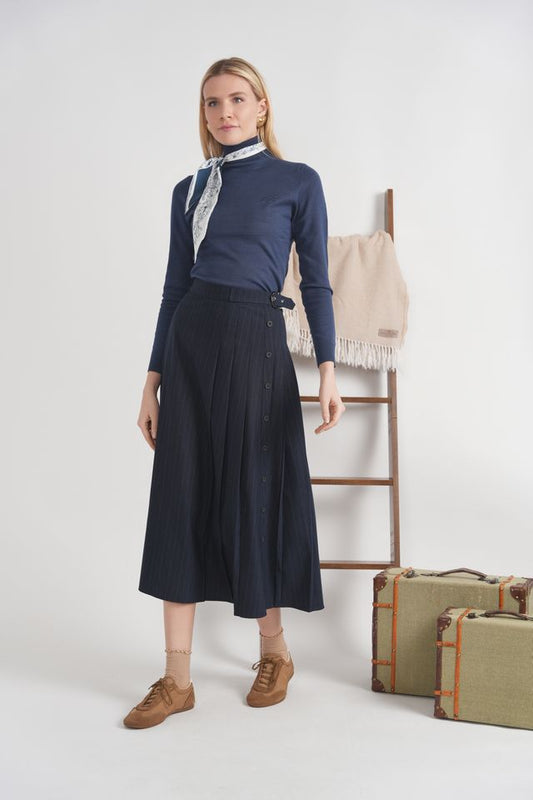 COOL WOOL SIDE PLEATED WRAP MIDI SKIRT
