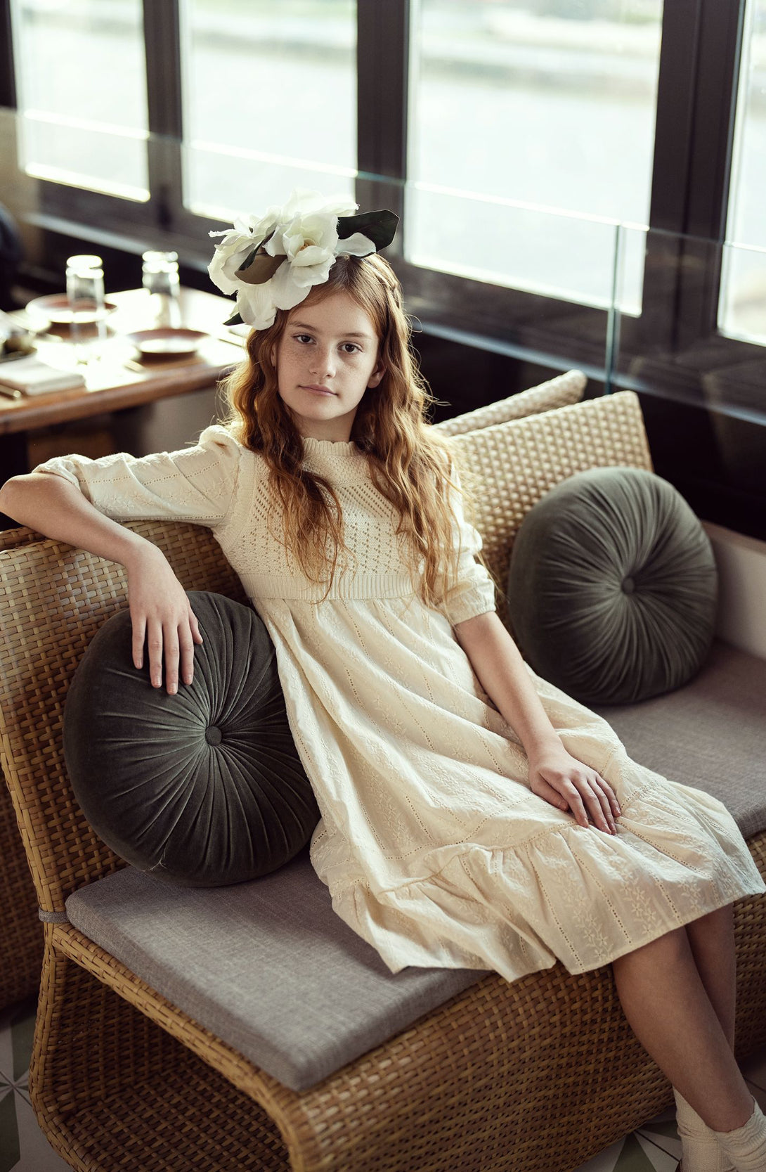 embroidered cream dress Creamy Floral Lattice Dress | Embroidered Rust Trim & Ruffled Collar