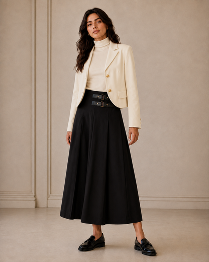 MIDI LENGTH SKIRT WITH STRAPS BUCKLE TRIM