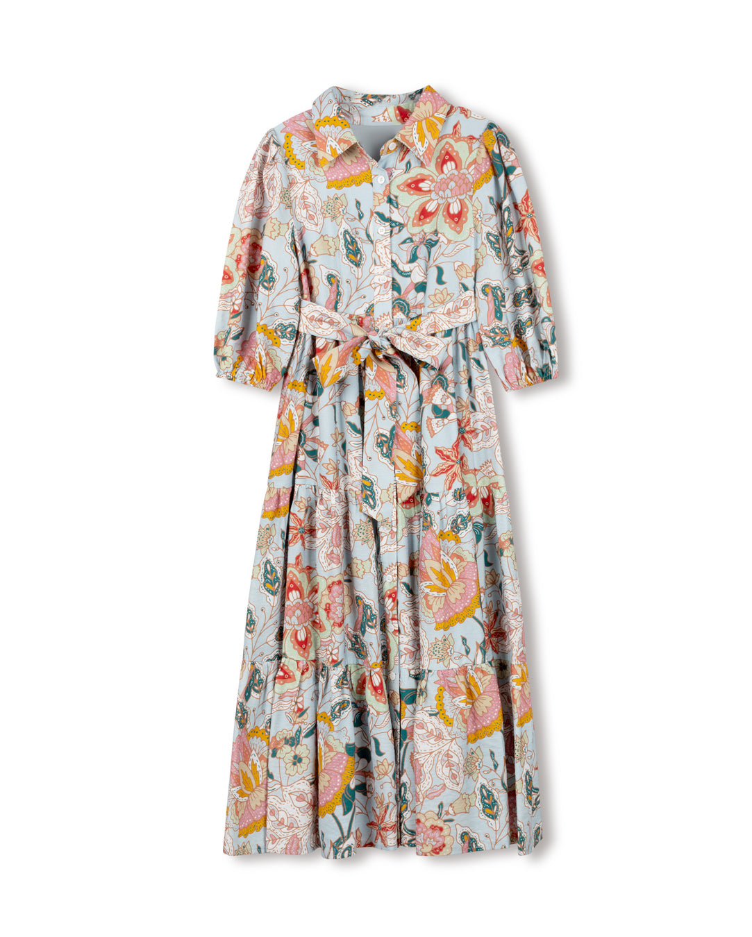 FLORAL TIERED MIDI BUTTON DOWN DRESS