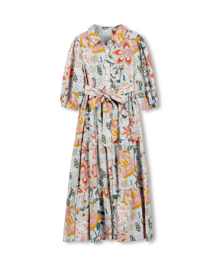 FLORAL TIERED MIDI BUTTON DOWN DRESS