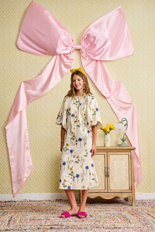 SMALL FLOWER PRINT BUTTON DOWN DRESS WITH POOF SLEEVE