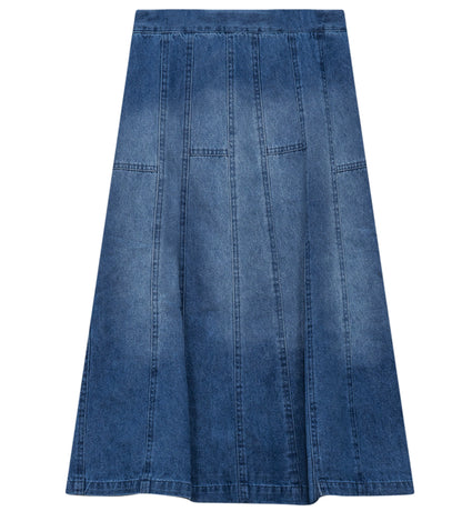 DENIM WASH FLARE LONG SKIRT