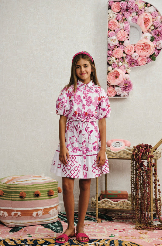 PORTER WHITE COTTON W/ MAGENTA PRINT BUTTON DOWN DRESS