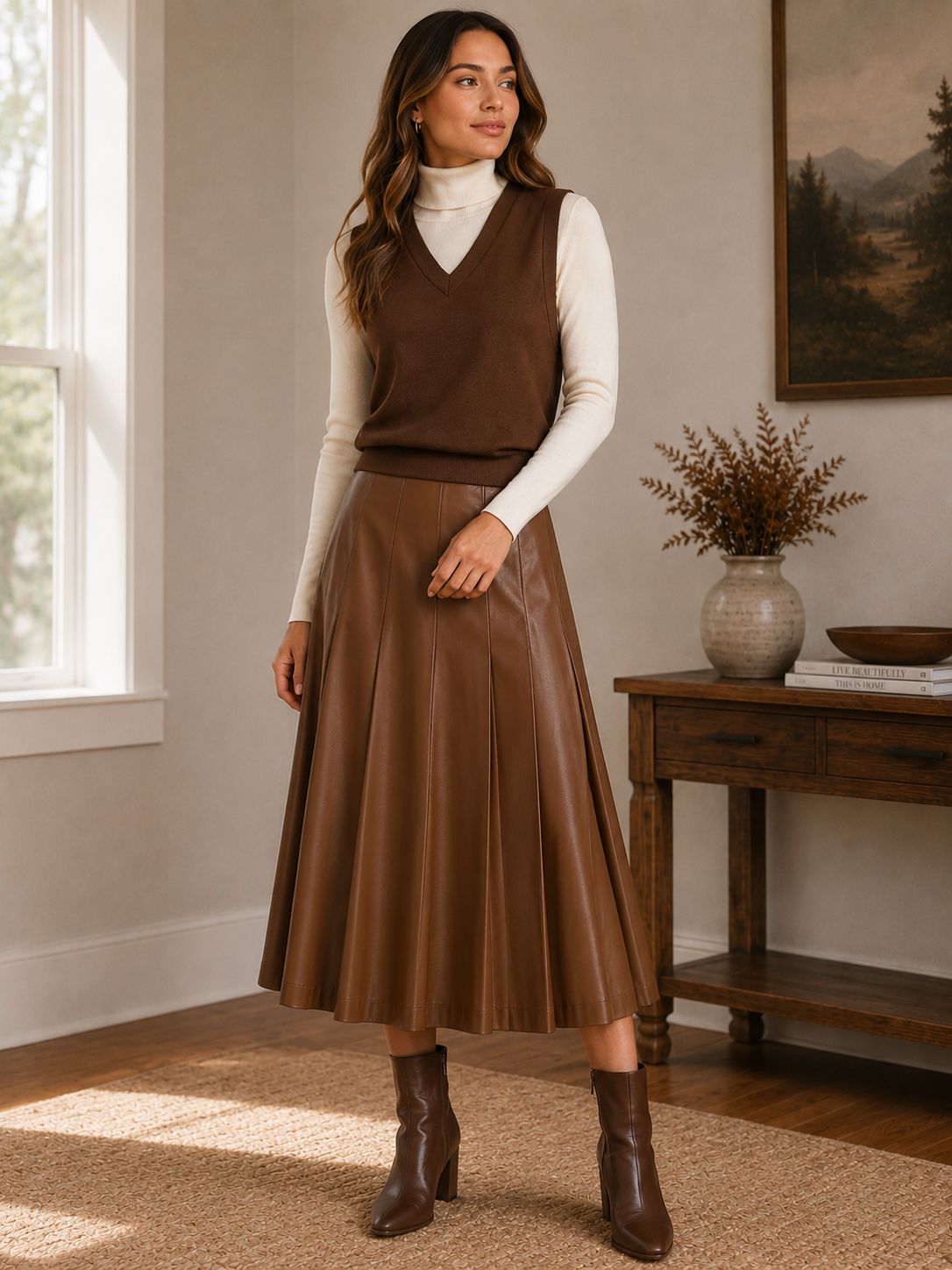 LEATHER PLEATED MIDI SKIRT