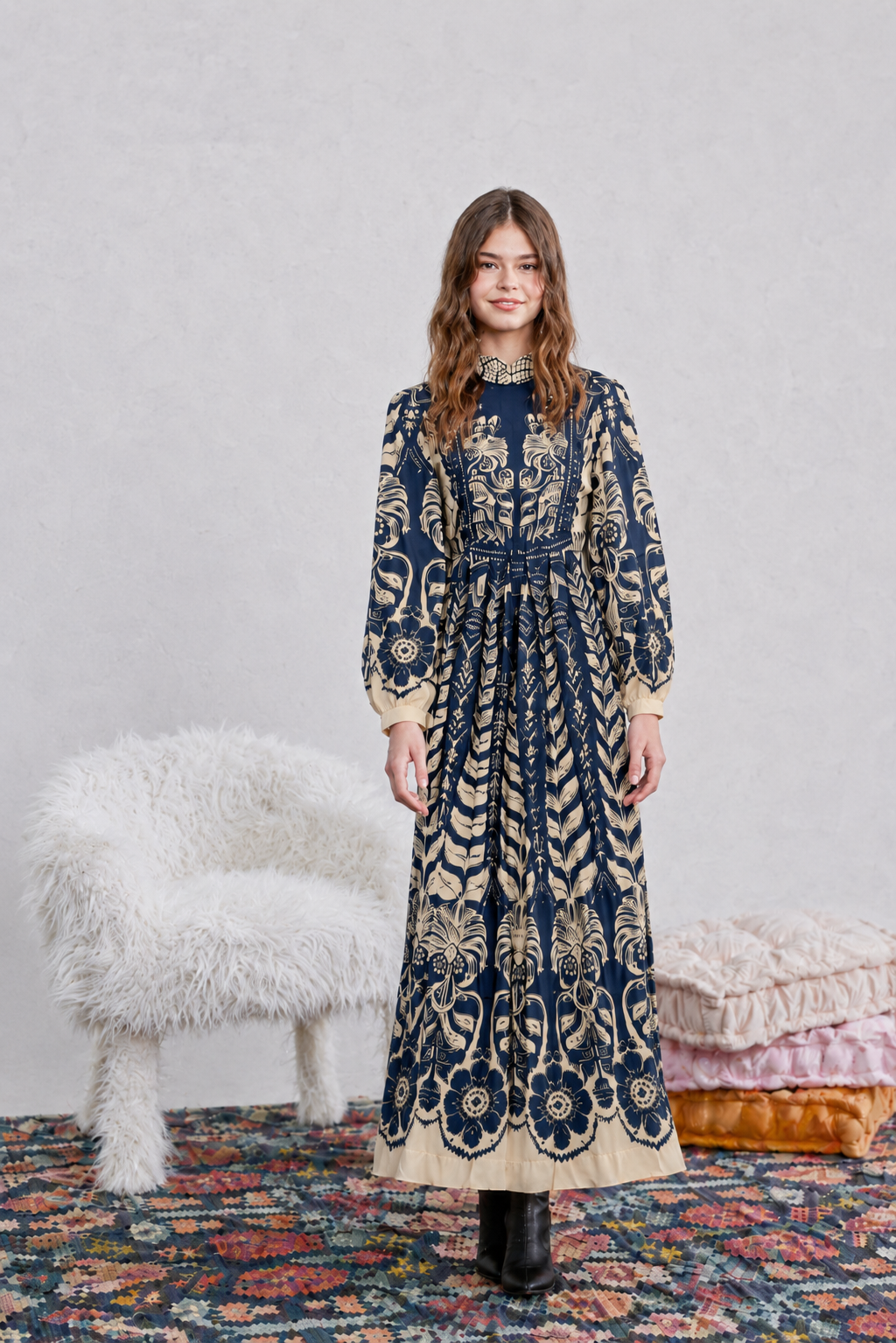 STEEL BLUE W/CREAM FLORAL LARGE PRINTED DRESS