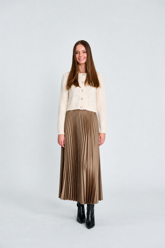CHENILLE BUTTON DOWN TOP WITH BEADED FEATHER TRIM W/CAMEL PLEATED ELASTIC WASIT