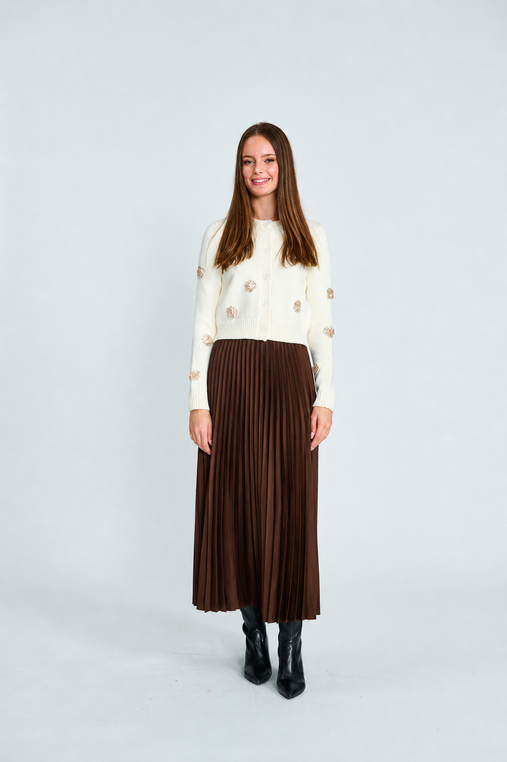 IVORY BUTTON DOWN TOP WITH BEATED FLOWER APPLIQUES & BROWN SATIN PLEATED SKIRT WITH ELSTIC WAIST