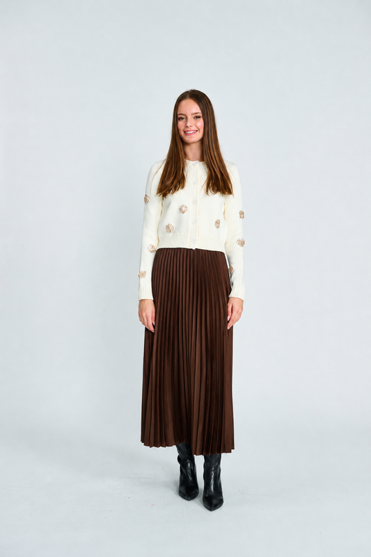 IVORY BUTTON DOWN TOP WITH BEATED FLOWER APPLIQUES & BROWN SATIN PLEATED SKIRT WITH ELSTIC WAIST