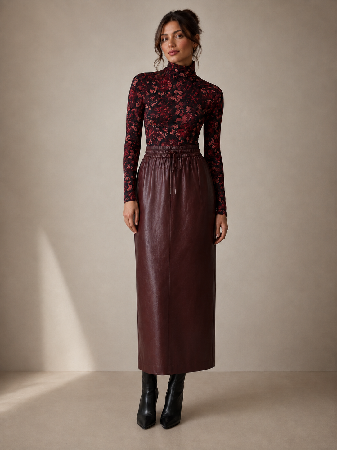 BURGUNDY LEATHER DRAWSTRING SKIRT