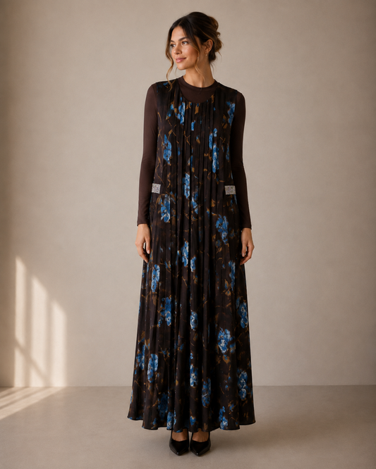 PLEATED FLORAL PRINT DRESS