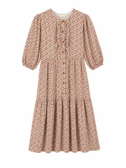 Mauve Floral Ruffle Placket Dress