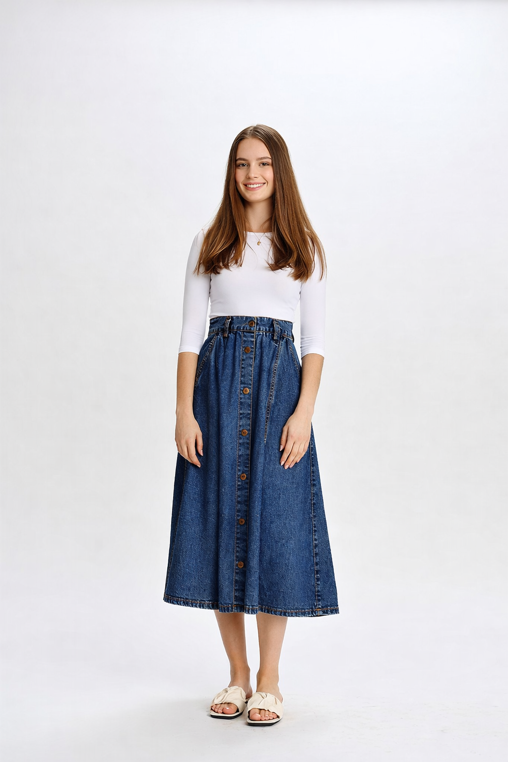 BUTTON DOWN DENIM SKIRT WITH GATHERED BACK WAISTBAND