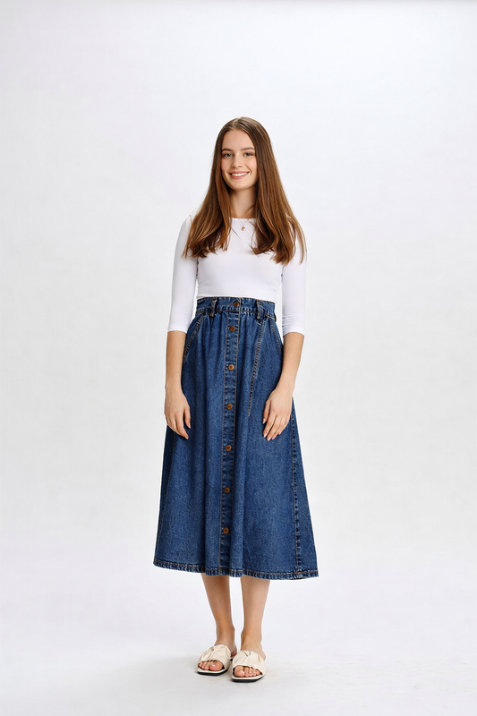 BUTTON DOWN DENIM SKIRT WITH GATHERED BACK WAISTBAND