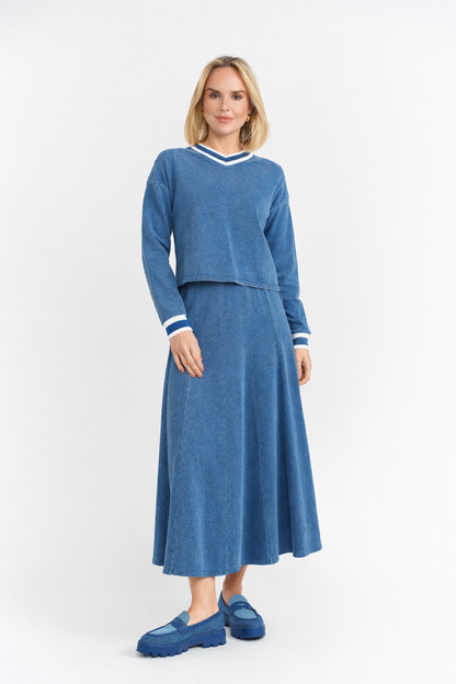 PANELLED DENIM FRENCH TERRY SKIRT