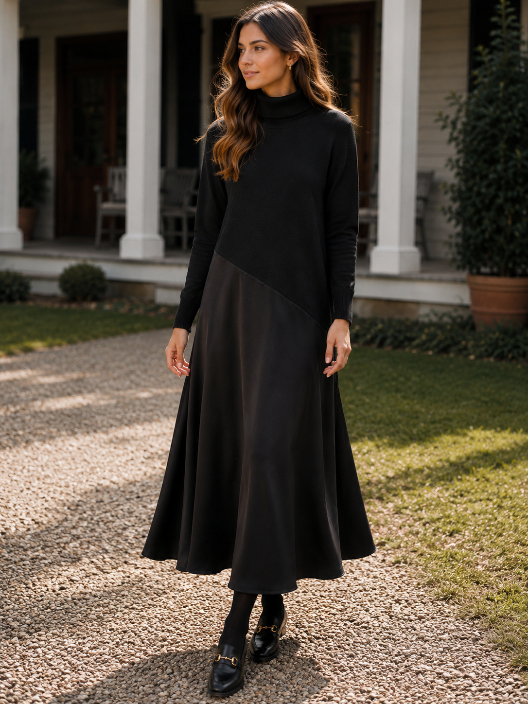 POINT MIXED TURTLENECK DRESS