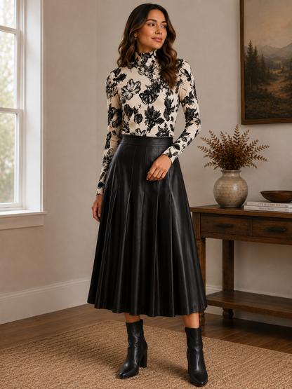 LEATHER PLEATED MIDI SKIRT