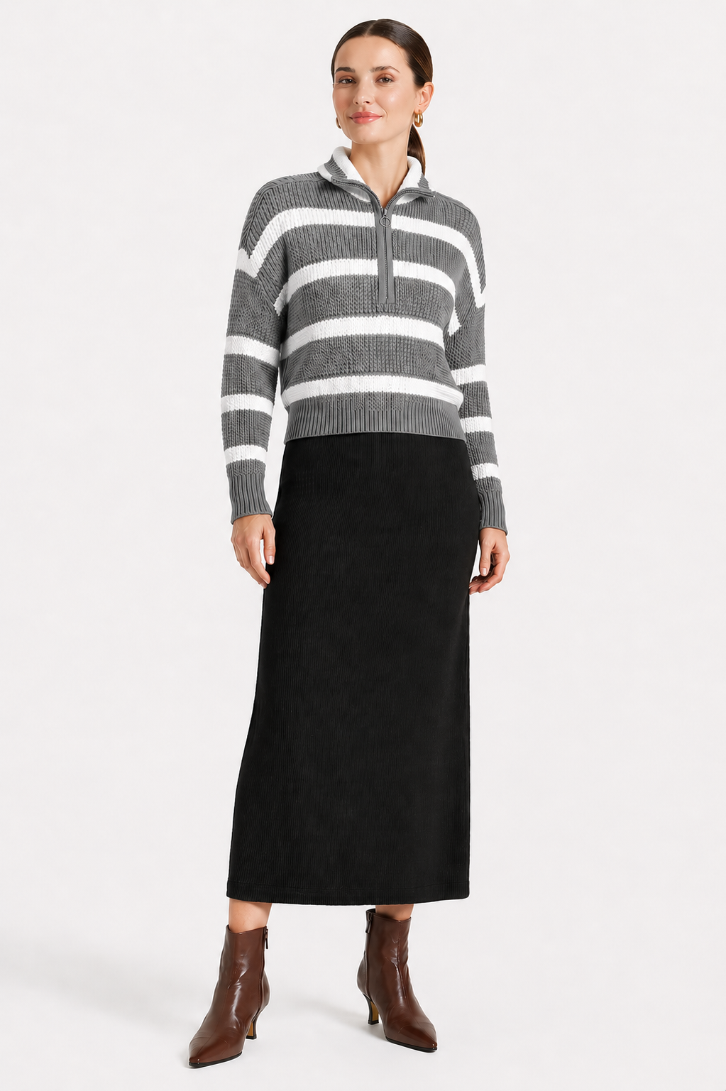 STRIPED WAFFLE KNIT PULL OVER WITH HALF ZIPPER