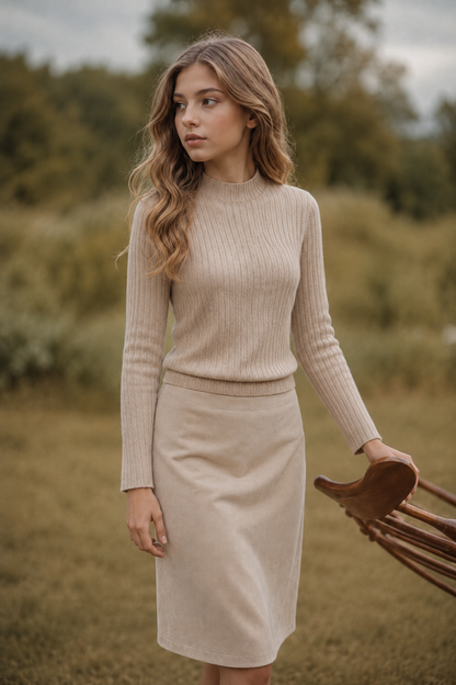 RIB DESIGN KNIT MOCK NECK TOP