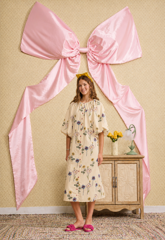 SMALL FLOWER PRINT BUTTON DOWN DRESS WITH POOF SLEEVE