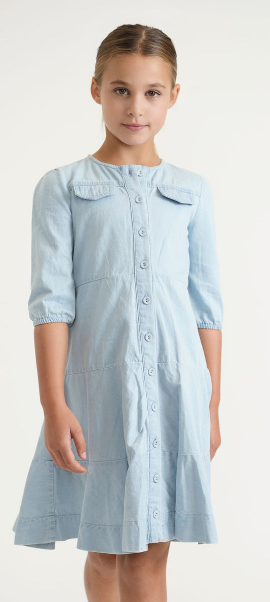 THE TIERED BUTTON DENIM DRESS