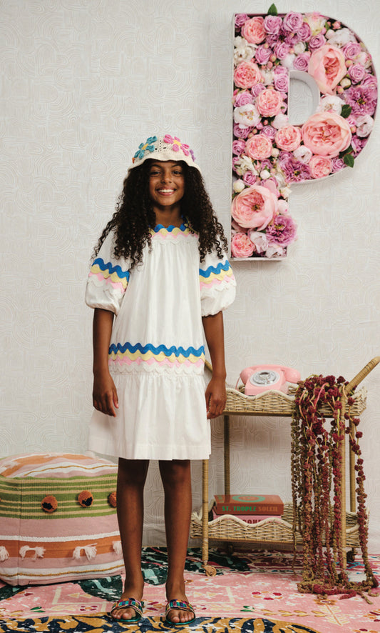 PORTER WHITE COTTON W/ LIGHT BLUE YELLOW PINK SWIRLS DRESS