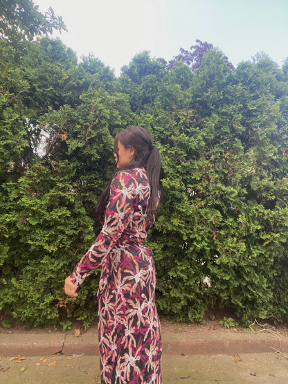 flora print chiffon maxi dress Teri Jon Floral Chiffon Maxi Gown with Long Sleeves Size 8