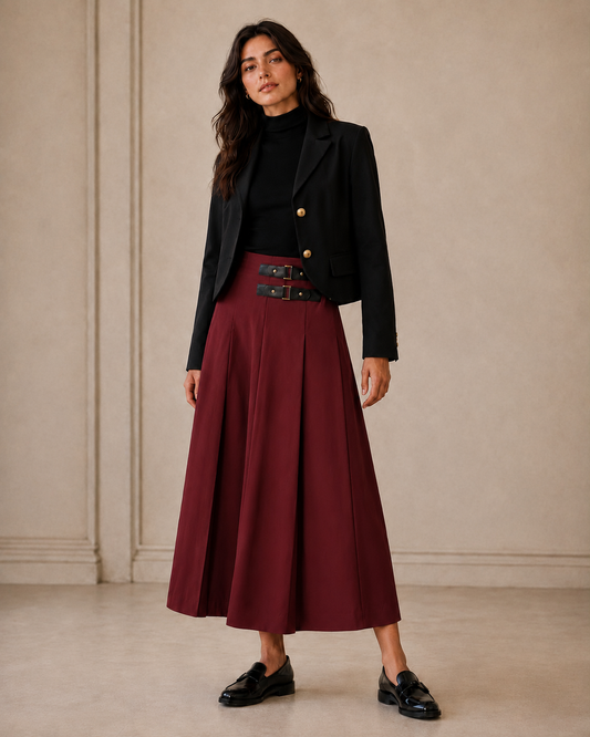 MIDI LENGTH SKIRT WITH STRAPS BUCKLE TRIM