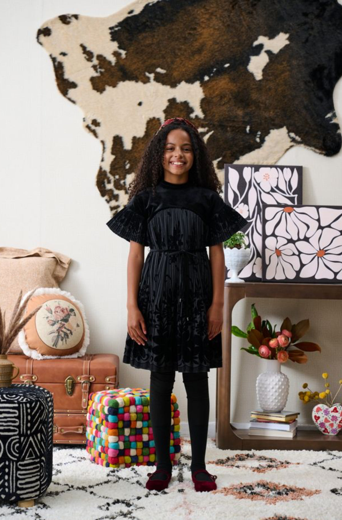 PLEATED VELVET FLORAL DRESS