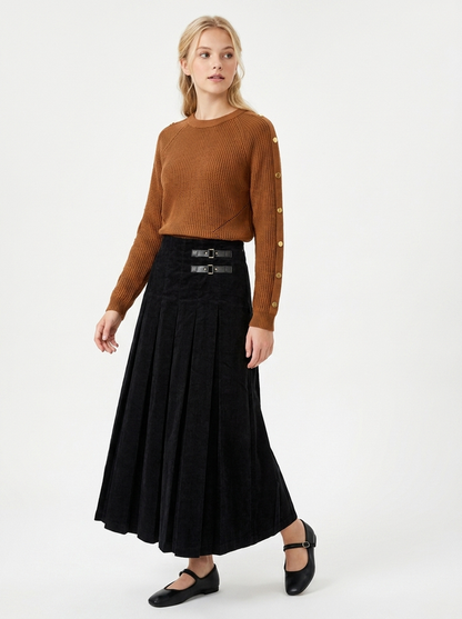 MIDI LENGTH CORDUROY PLEATED SKIRT WITH LEATHER STRAPS
