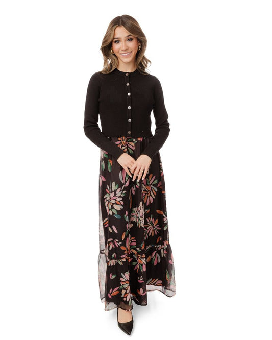 CHIFFON FLORAL  DRESS WITH CARDIGAN